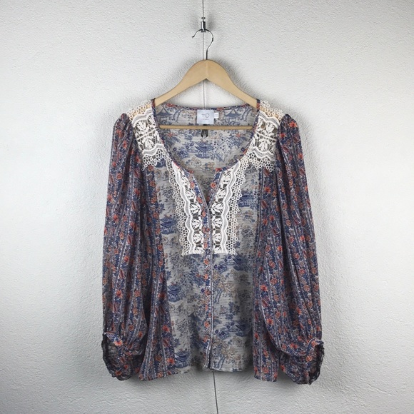 Anthropologie l 4 HD in Paris Sheer Chinoiserie Floral Asian Boho Peasant Blouse - Picture 1 of 11